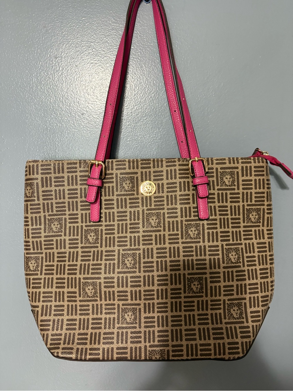 Anne Klein Brown Patterned Tote with Pink Handles